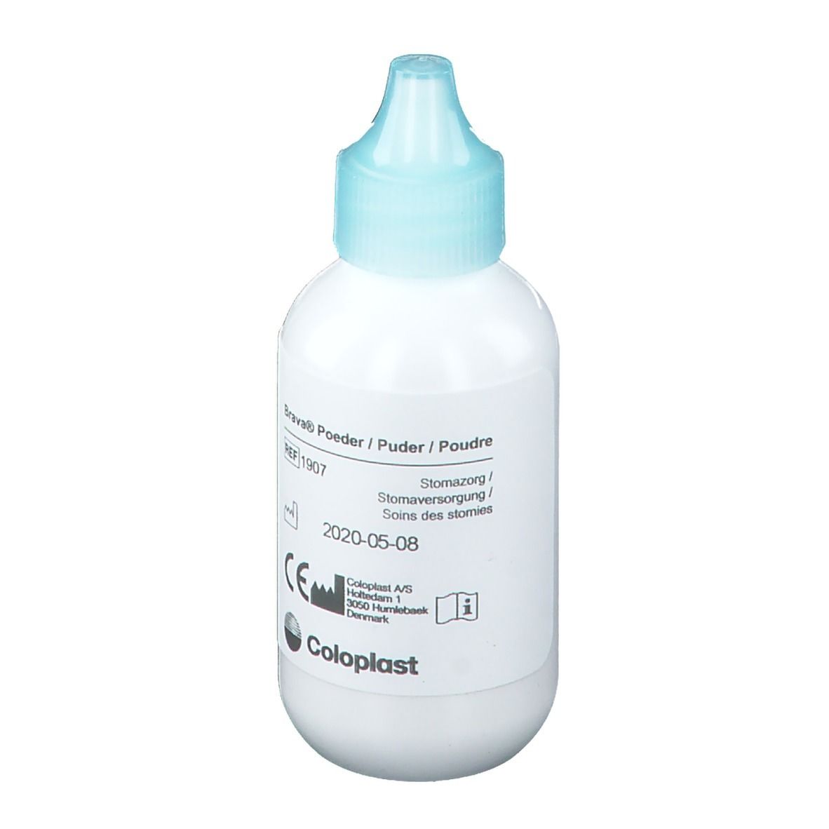 Flacon de poudre Brava. Flacon blanc avec bouchon bleu. Inscription et marquage CE.