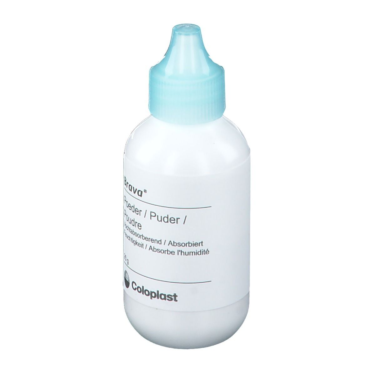 Flacon de poudre Brava. Flacon blanc avec bouchon bleu. Inscription : Poudre, 25g, Coloplast.