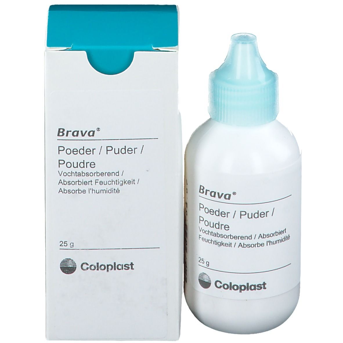 Brava poudre et emballage. Flacon et boîte blancs. Inscription : Poudre, 25g, Coloplast.