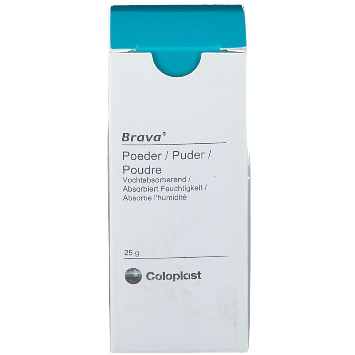 Emballage de poudre Brava. Boîte blanche. Inscription : Poudre, 25g, Coloplast.