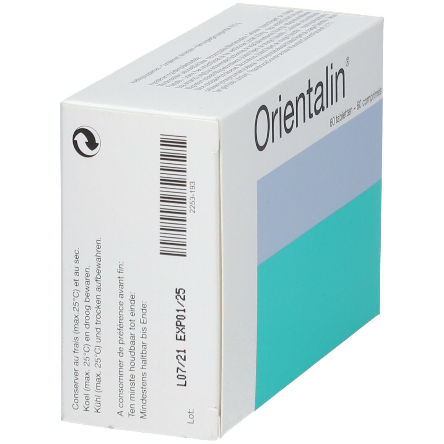 Boîte "Orientalin" en biais. Blanc, bleu et turquoise. Code-barres et date de péremption.