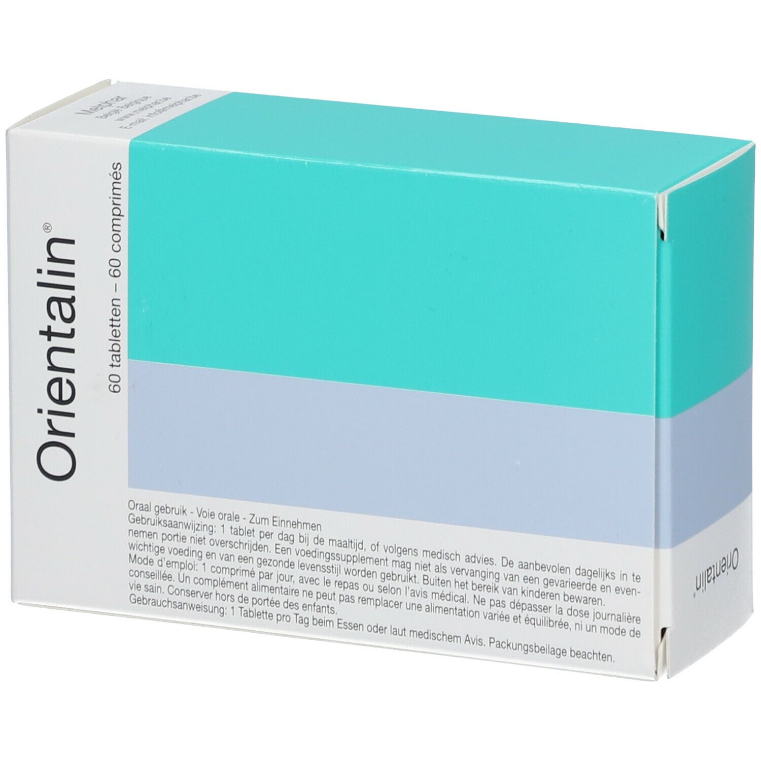 Boîte "Orientalin". Blanc, bleu et turquoise. 60 comprimés. Texte en allemand et français.