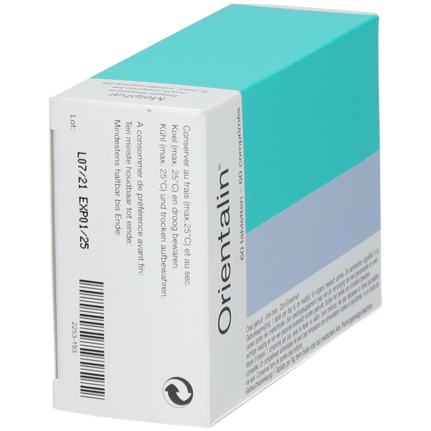 Boîte "Orientalin" en biais. Blanc, bleu et turquoise. Code-barres et date de péremption.