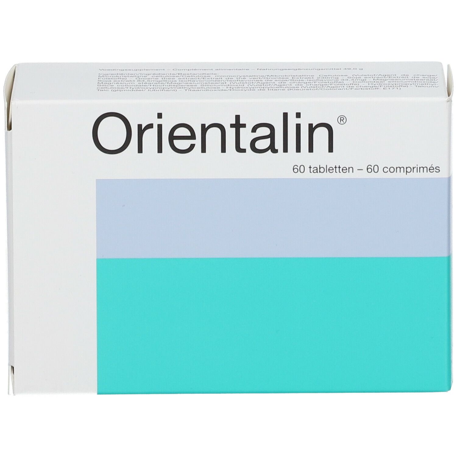 Boîte "Orientalin". Blanc, bleu et turquoise. 60 comprimés. Texte en allemand et français.