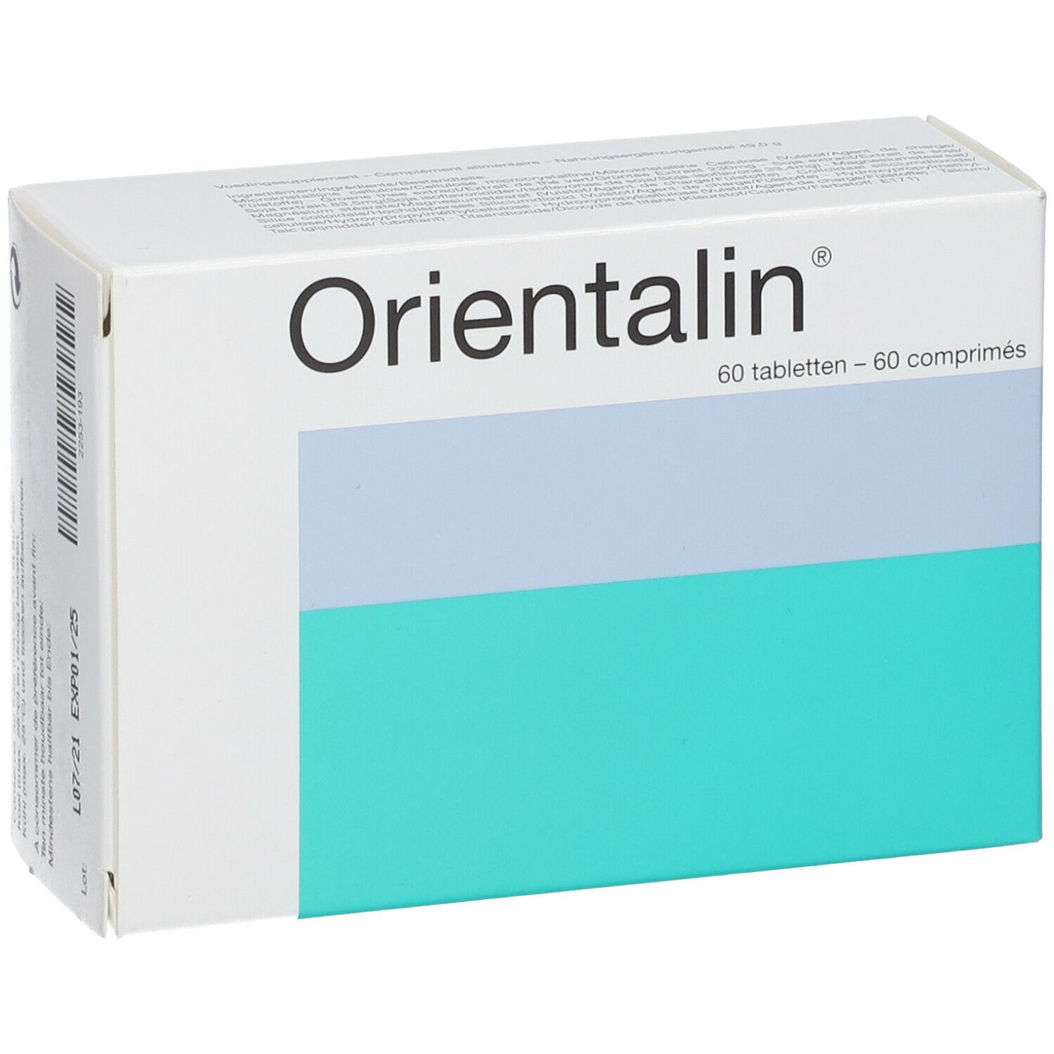 Boîte "Orientalin". Blanc, bleu et turquoise. 60 comprimés. Texte en allemand et français.