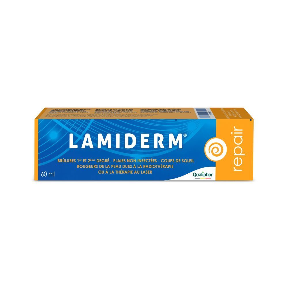 Emballage Lamiderm. Boîte orange avec logo bleu et texte. 60 ml.