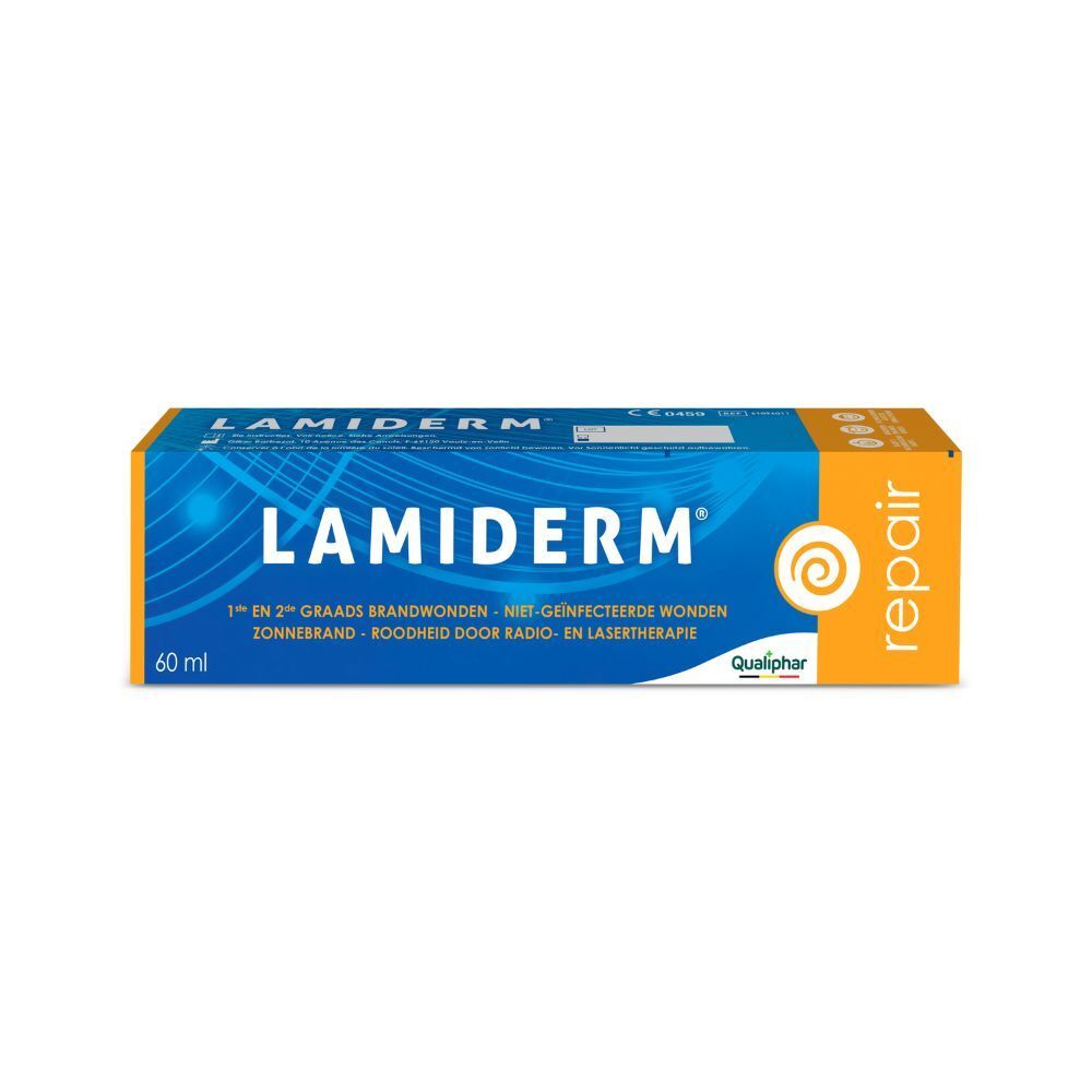 Lamiderm verpakking. Oranje doos met blauw logo en tekst. 60 ml.