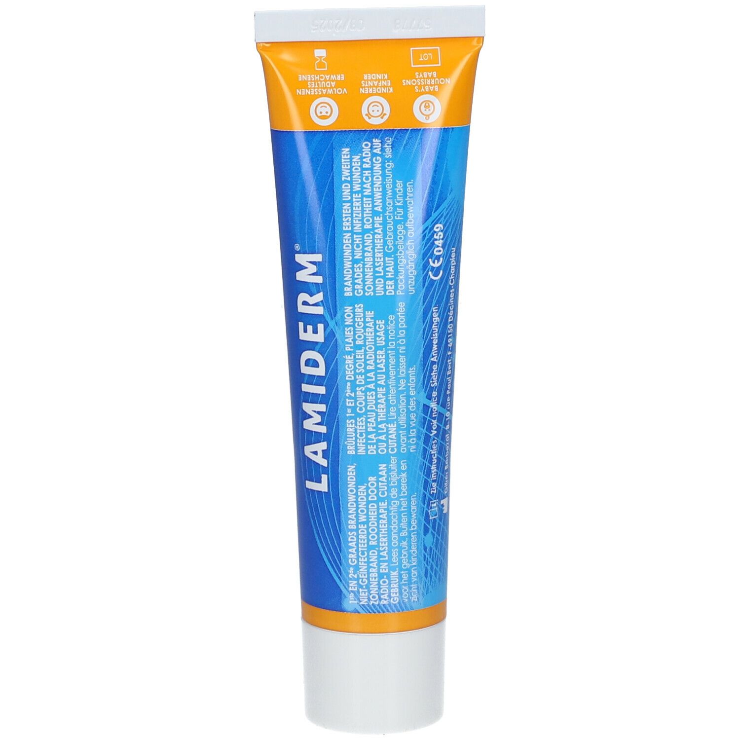 Dos du tube Lamiderm. Contient des informations et des logos. Design bleu et blanc avec des accents orange.