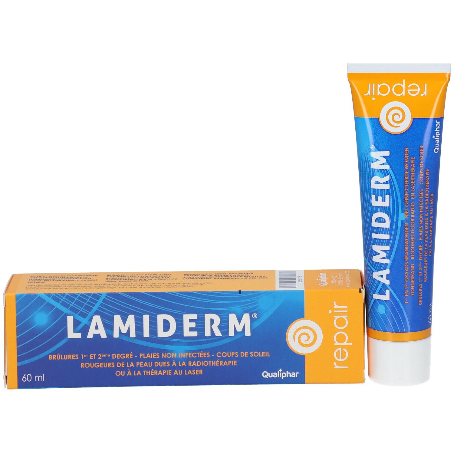 Emballage et tube Lamiderm. Boîte orange avec logo bleu. Tube à côté.
