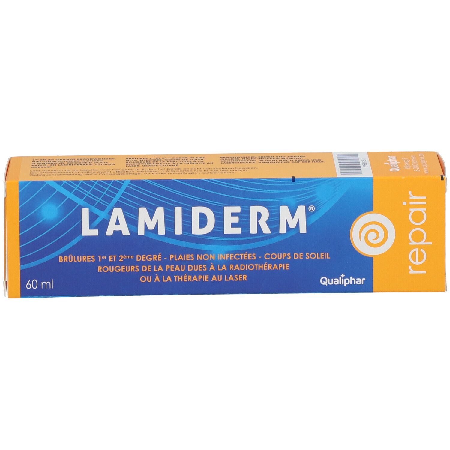 Boîte orange avec logo bleu et nom du produit Lamiderm. Contient du texte et un logo.
