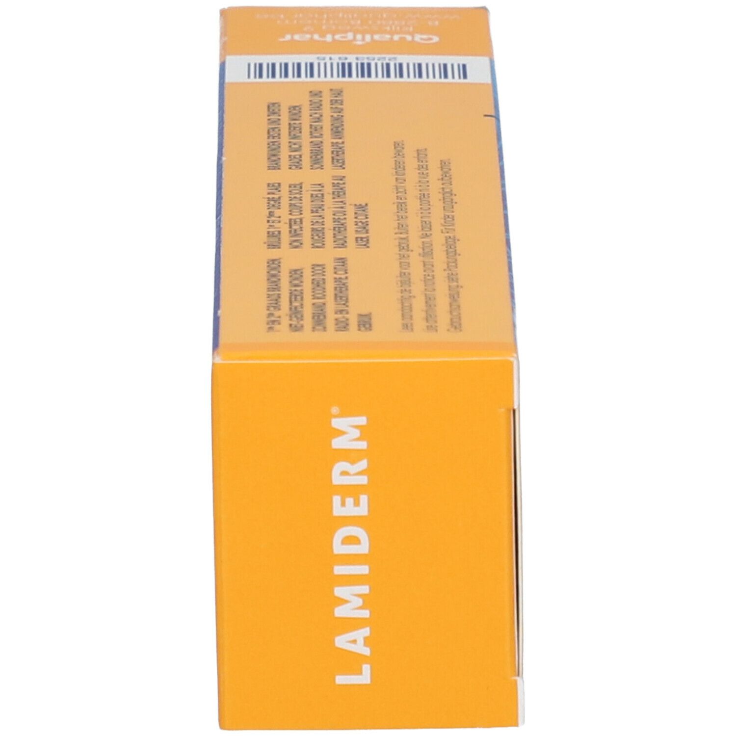 Vue latérale de l'emballage Lamiderm. Boîte orange avec nom du produit et texte.