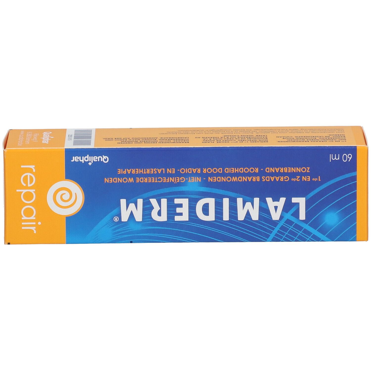 Boîte orange avec logo bleu et nom du produit Lamiderm. Contient du texte et un logo.