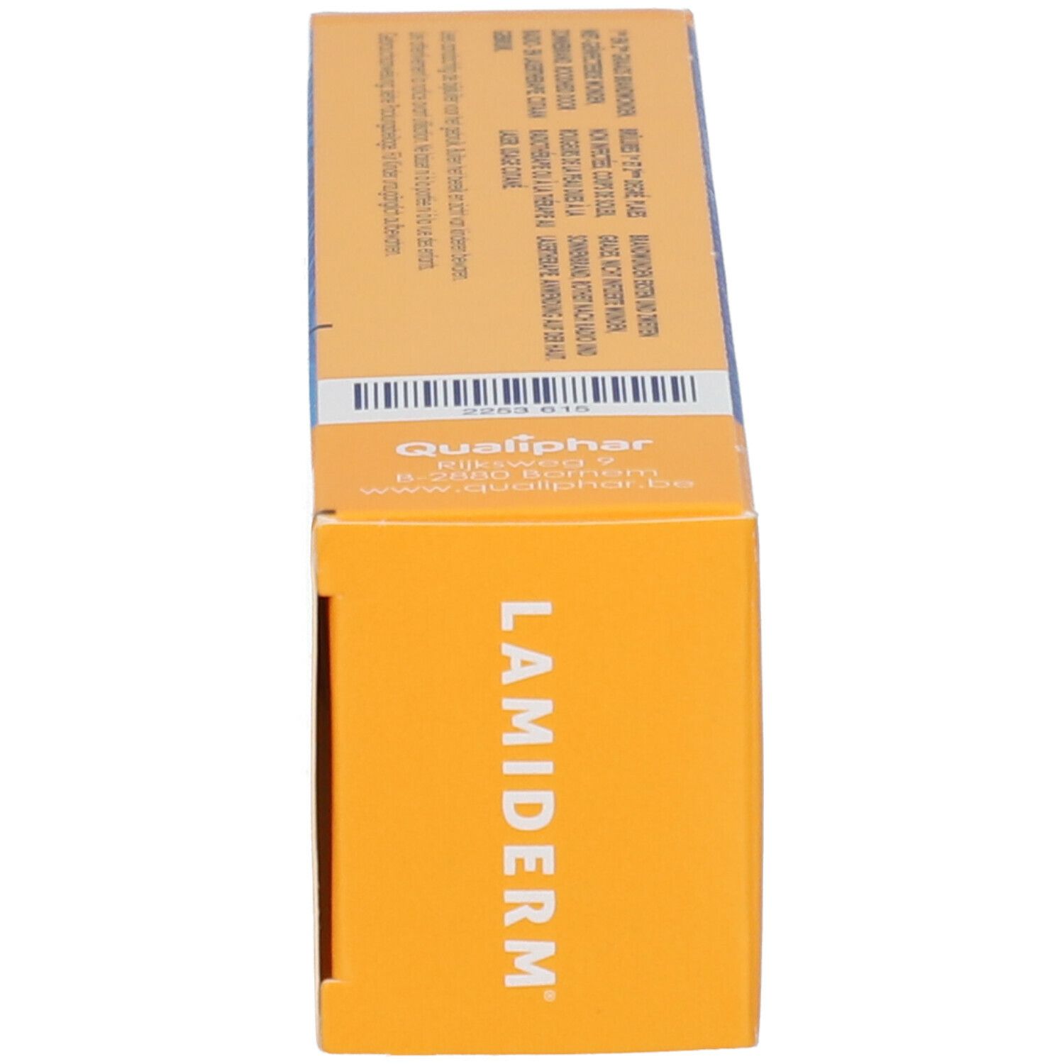 Vue latérale de l'emballage Lamiderm. Boîte orange avec nom du produit et texte.