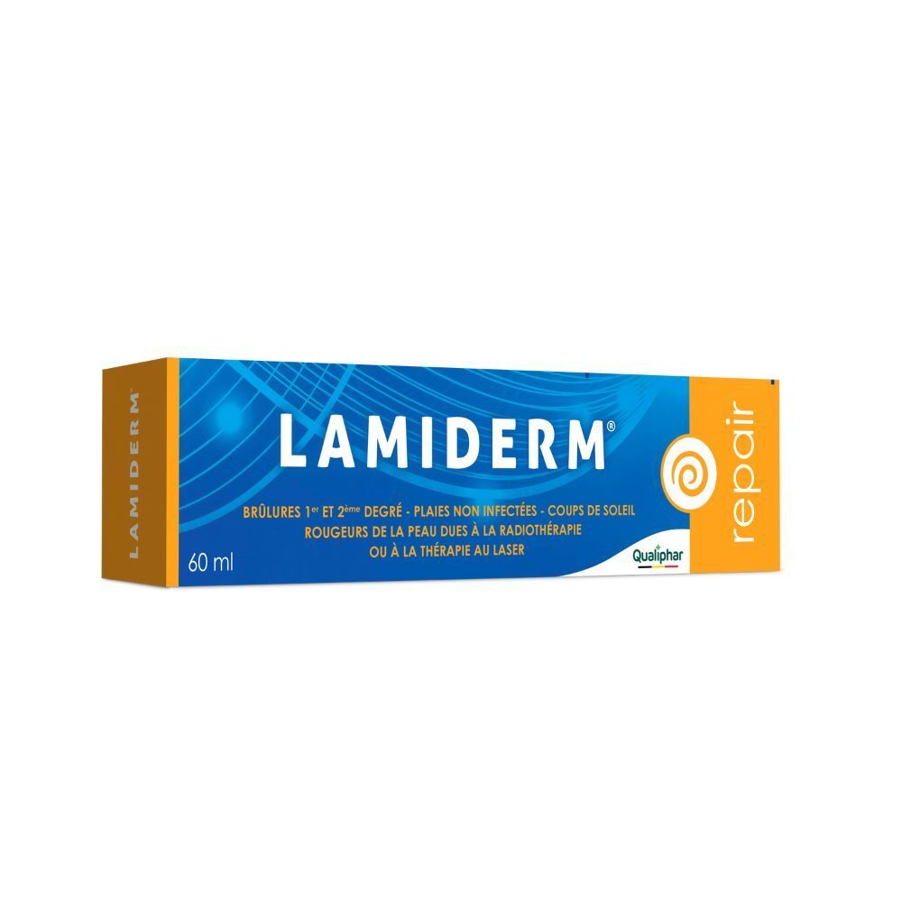 Emballage Lamiderm. Boîte orange avec logo bleu et texte. 60 ml.