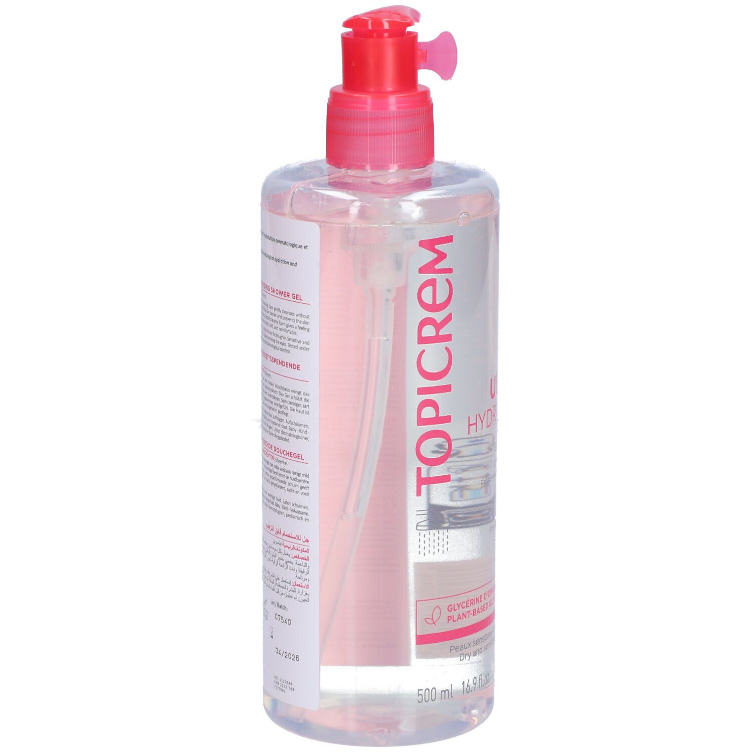 Flacon transparent avec liquide rose et pompe rouge. Inscriptions: TOPICREM, ULTRA HYDRATANT, 500 ml.