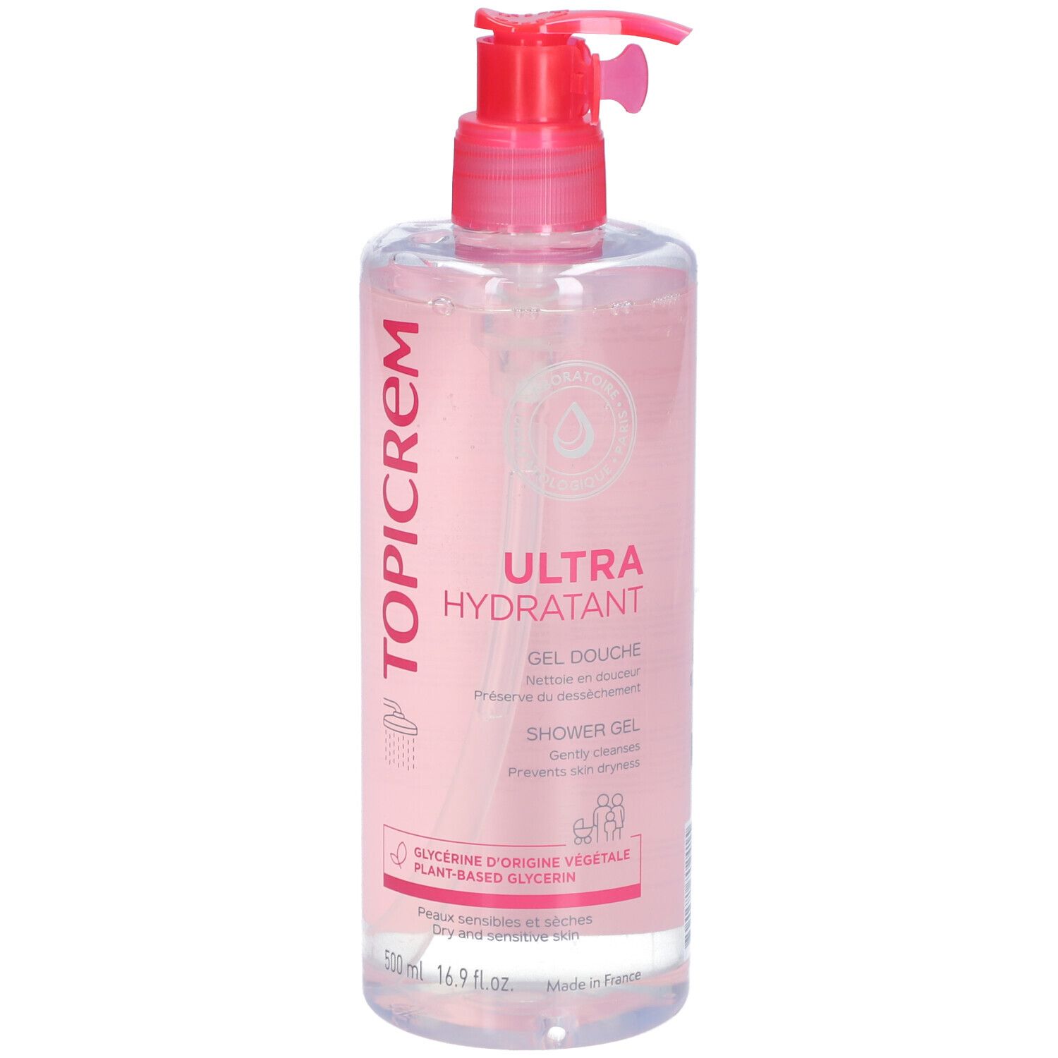 Flacon transparent avec liquide rose et pompe rouge. Inscriptions: TOPICREM, ULTRA HYDRATANT, Gel Douche.