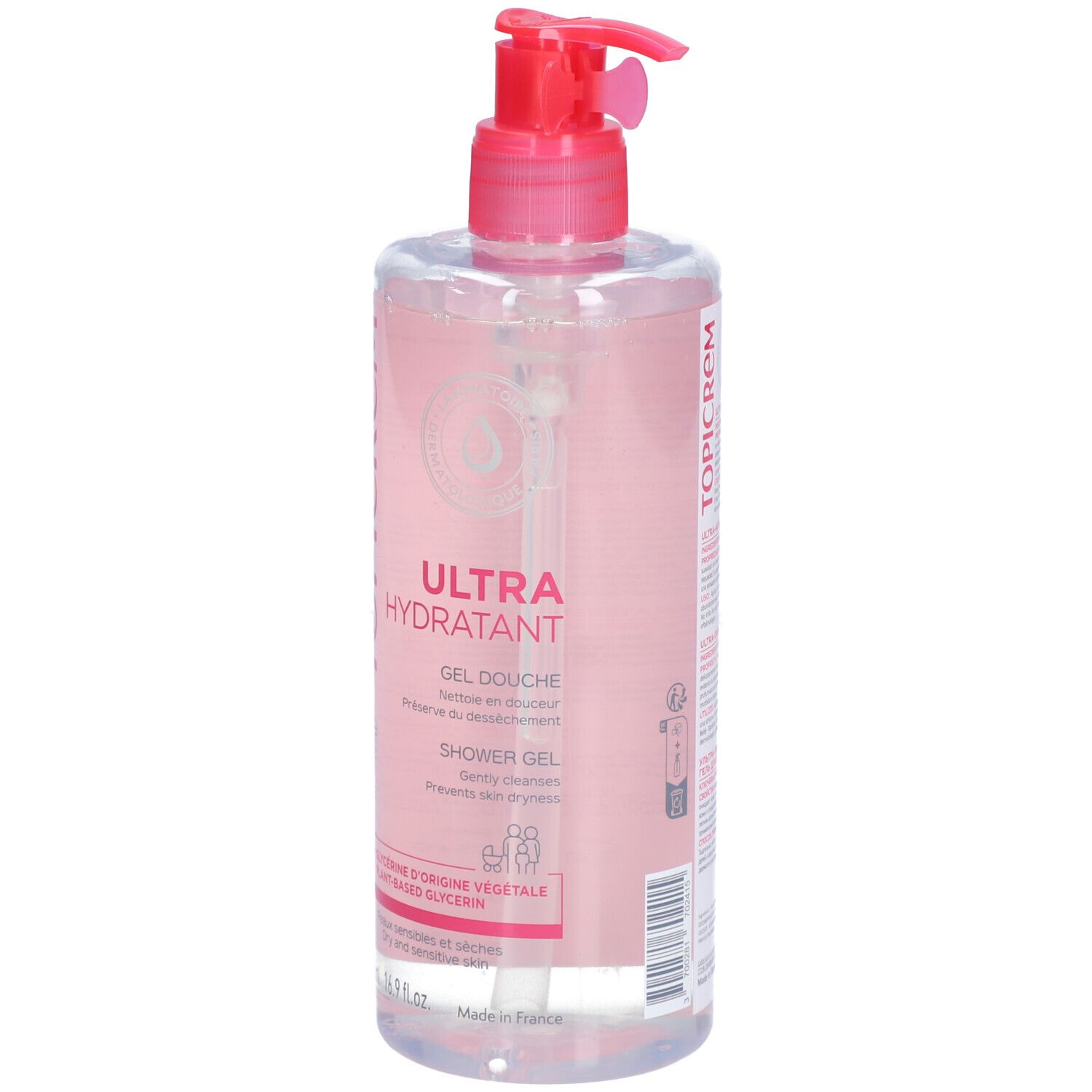 Flacon transparent avec liquide rose et pompe rouge. Inscriptions: TOPICREM, ULTRA HYDRATANT, Gel Douche.