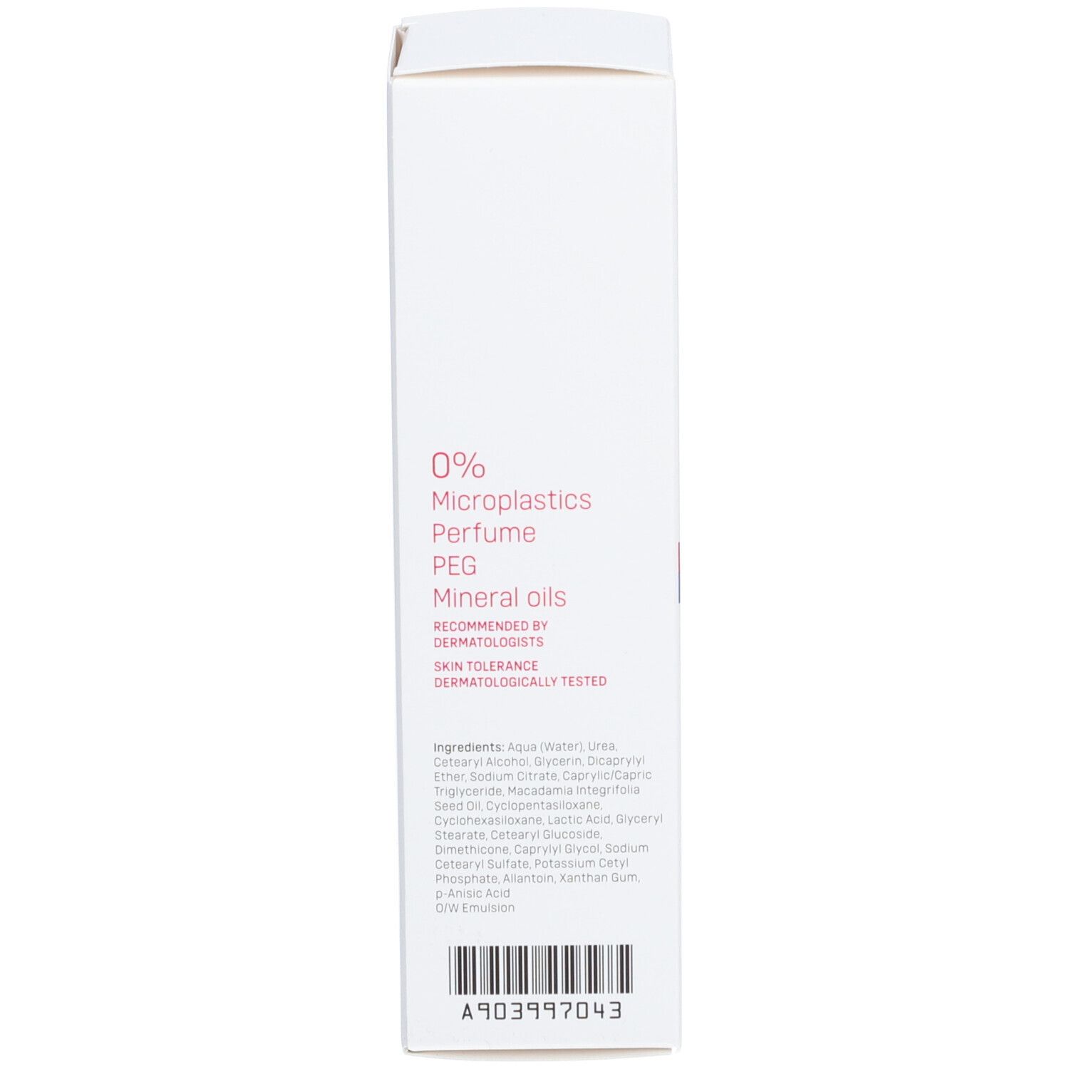 Achterkant van de productverpakking. Bevat ingrediënten en informatie over 0% microplastics, parfum, PEG, minerale oliën. Barcode.