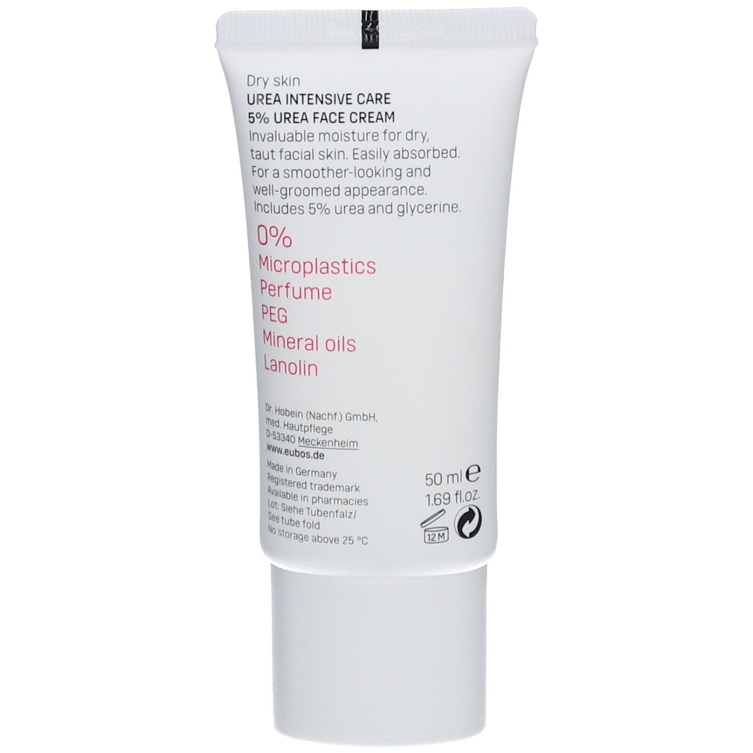 Dos d'un tube blanc. Texte : "5% Urea Face Cream". Contient des informations sur les ingrédients et le fabricant.