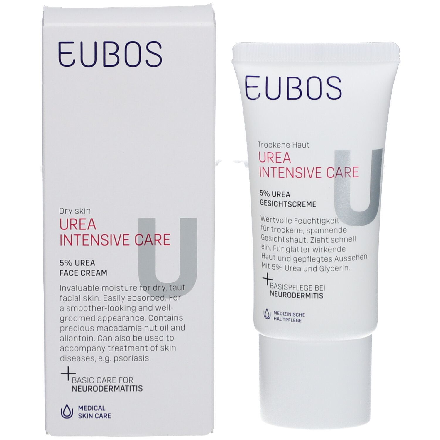 Emballage du produit avec tube et boîte. Tube : "Urea Intensive Care 5% Crème Visage". Boîte : nom et logo du produit.