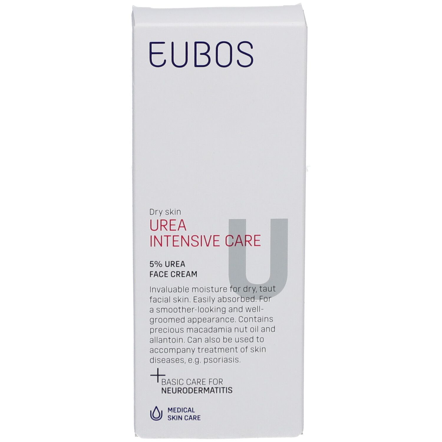 Boîte blanche avec informations produit. "Urea Intensive Care 5% Crème Visage" et logo EUBOS visibles.