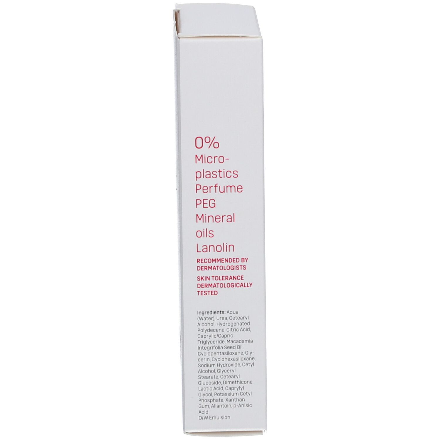 Vue latérale d'une boîte blanche. Contient des informations sur les ingrédients et les tests dermatologiques.