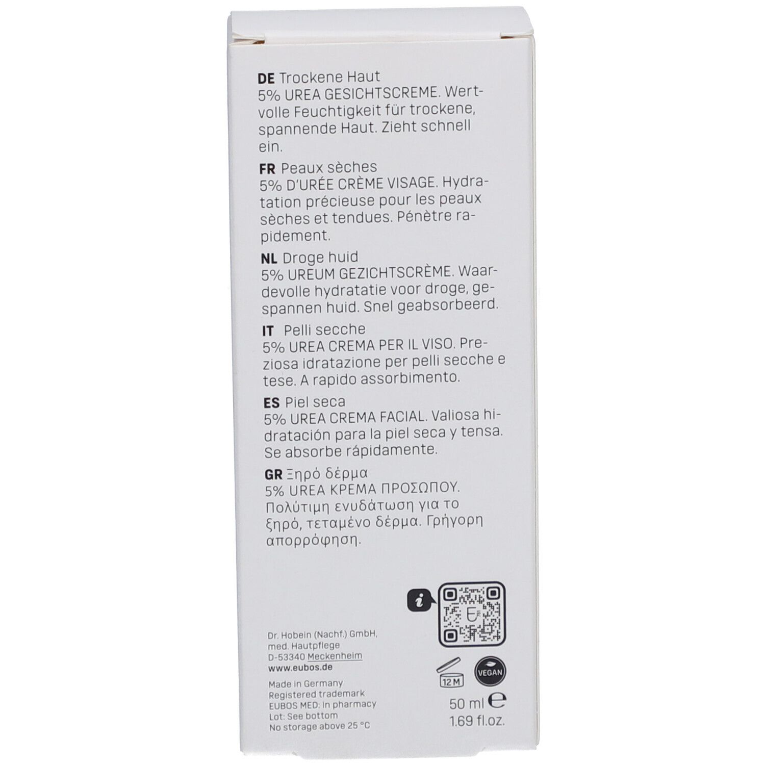 Dos d'une boîte blanche. Informations produit multilingues, code QR et coordonnées du fabricant.