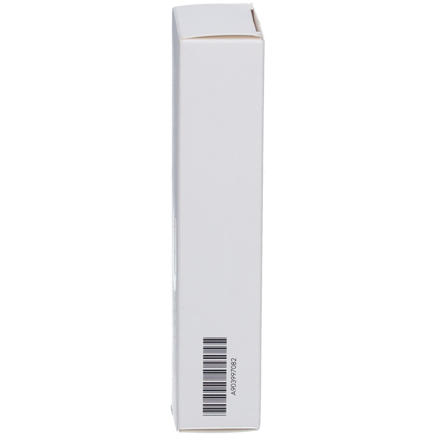 Vue latérale d'une boîte blanche. Code-barres et code produit visibles.