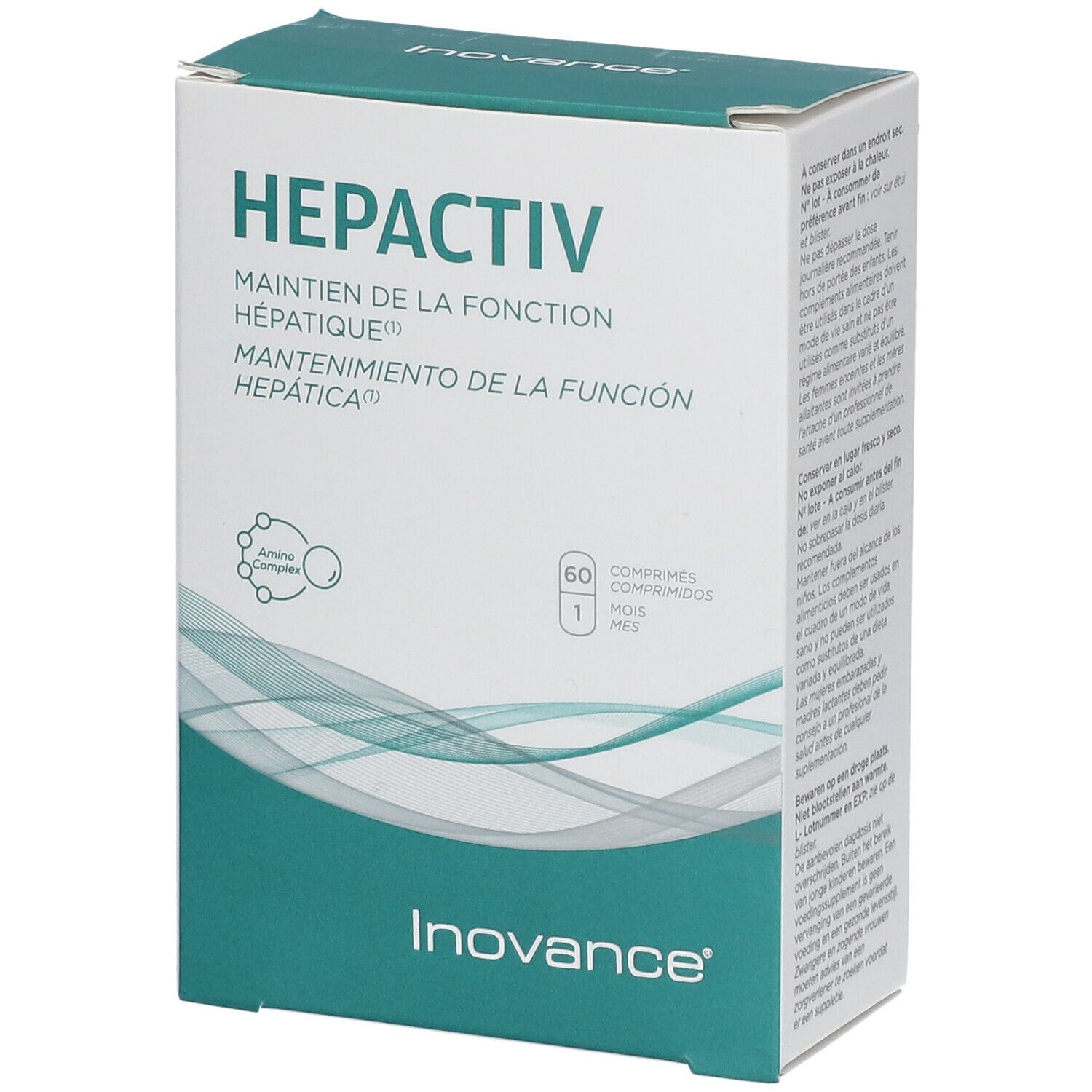 Boîte "HEPACTIV" avec 60 comprimés. Marque Inovance. Emballage turquoise et blanc.