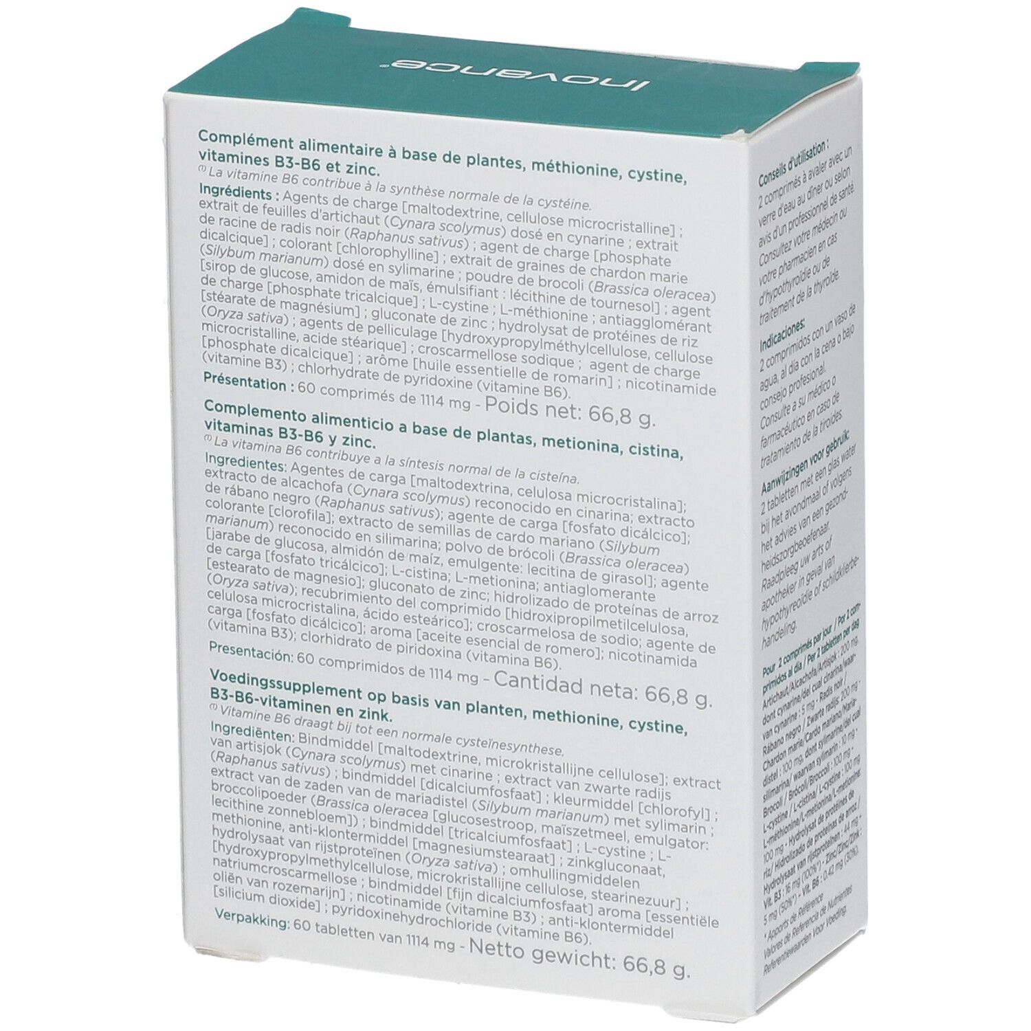 Dos de la boîte "HEPACTIV". Ingrédients et informations nutritionnelles. Marque Inovance.