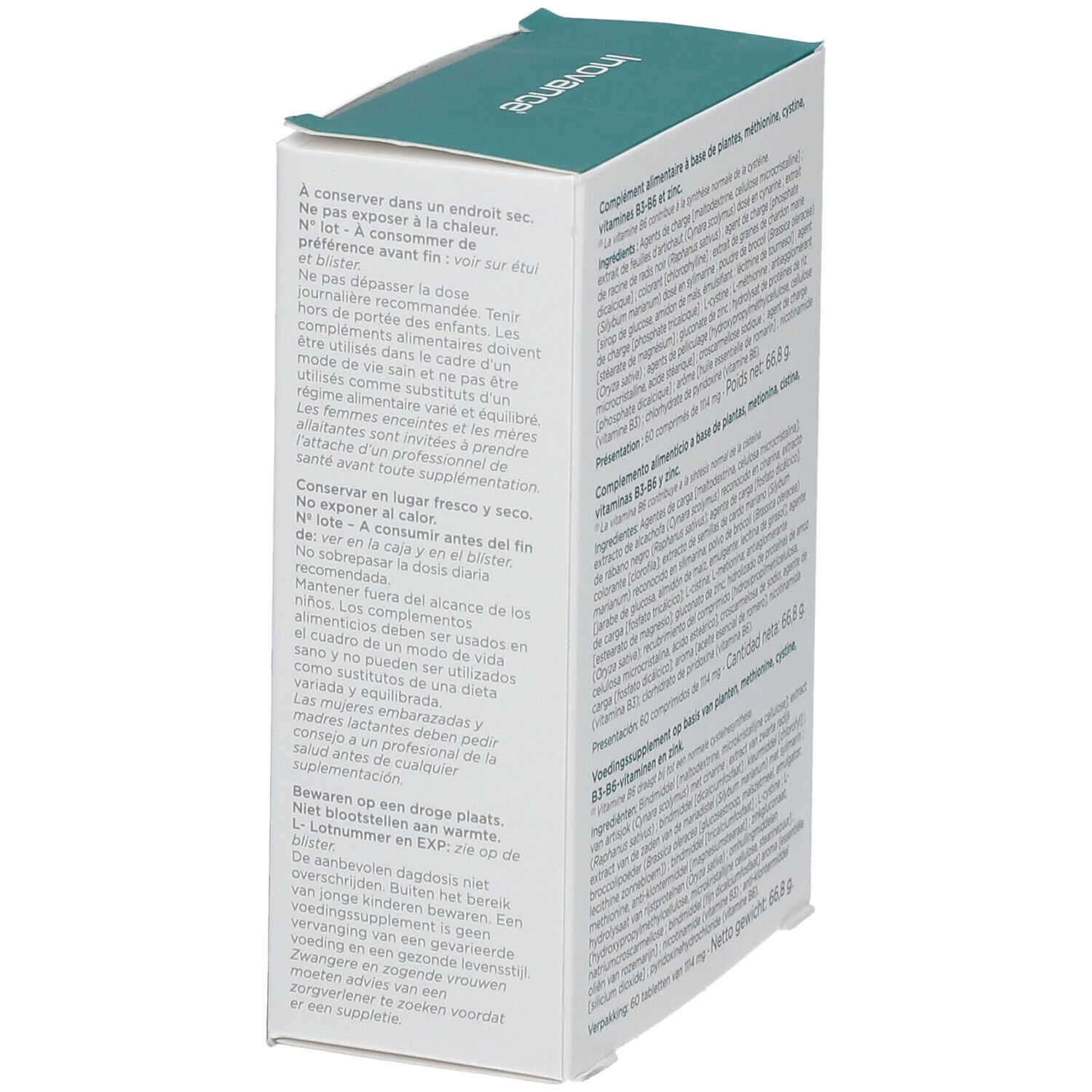 Côté de la boîte "HEPACTIV". Contient des instructions de stockage et d'utilisation. Marque Inovance.