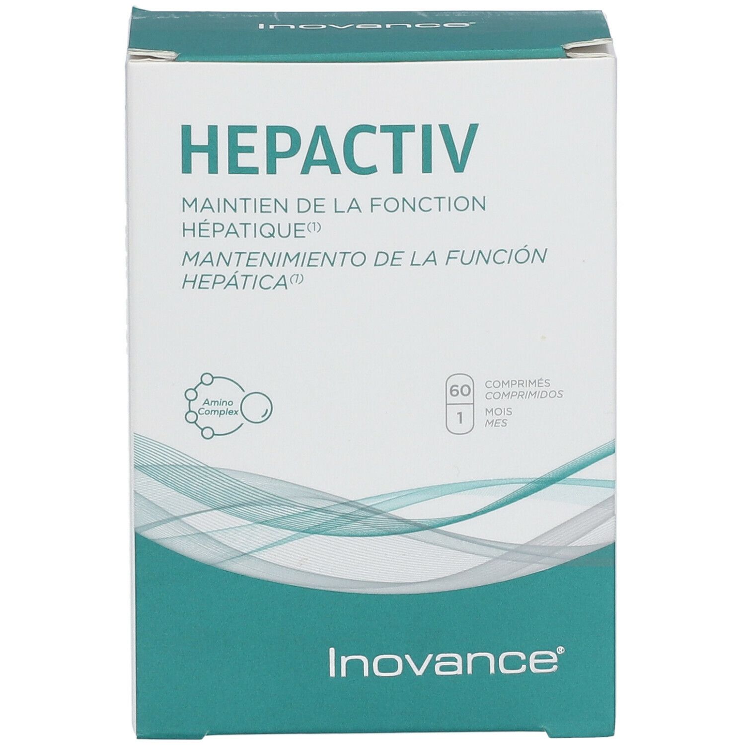 Boîte "HEPACTIV" avec 60 comprimés. Marque Inovance. Emballage turquoise et blanc. Vue de face.