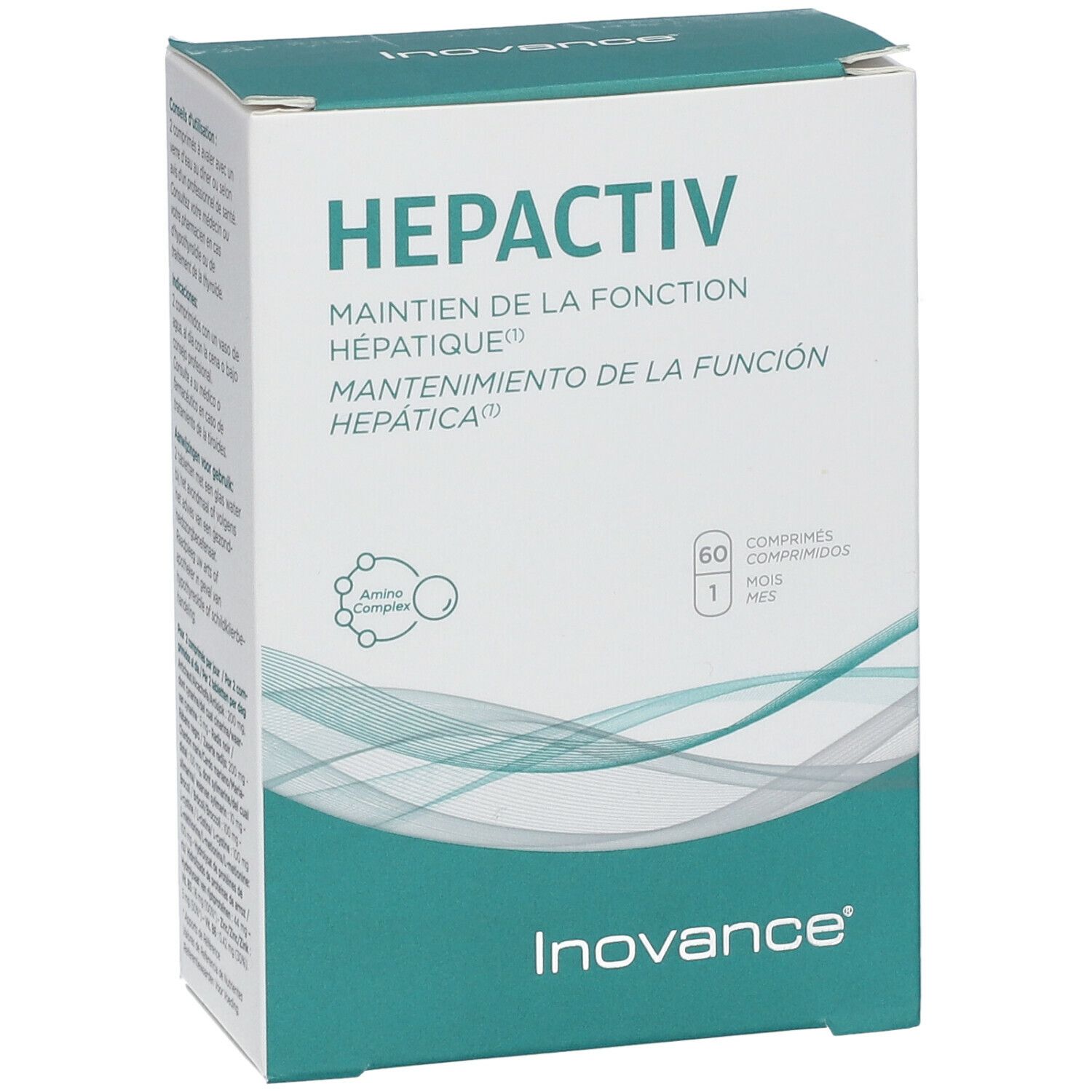 Boîte "HEPACTIV" avec 60 comprimés. Marque Inovance. Emballage turquoise et blanc. Vue en perspective.