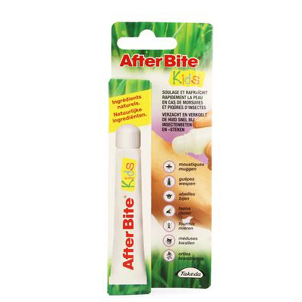 Tube et emballage After Bite Kids. Ingrédients naturels, soulage les piqûres d'insectes.