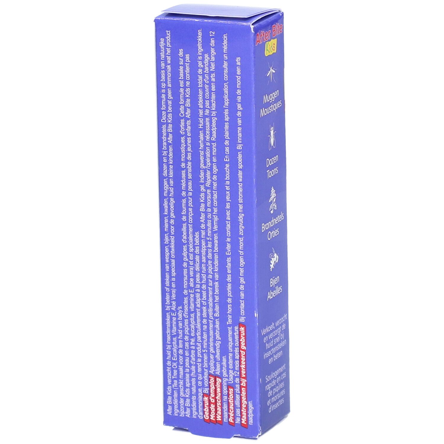 Emballage After Bite Kids. Texte: instructions d'utilisation, ingrédients, avertissements. Verso avec texte.