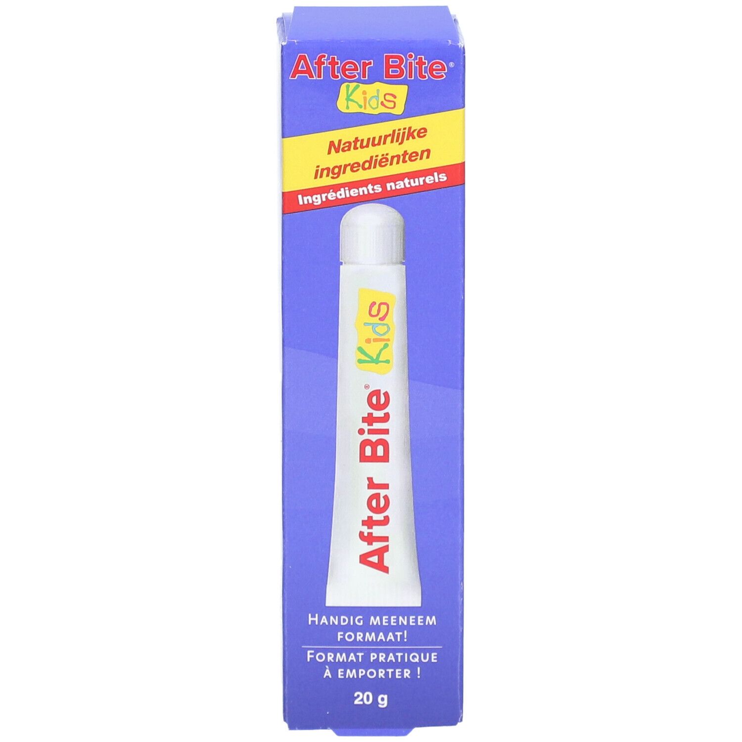 Tube et emballage After Bite Kids. Ingrédients naturels, format pratique, 20g.