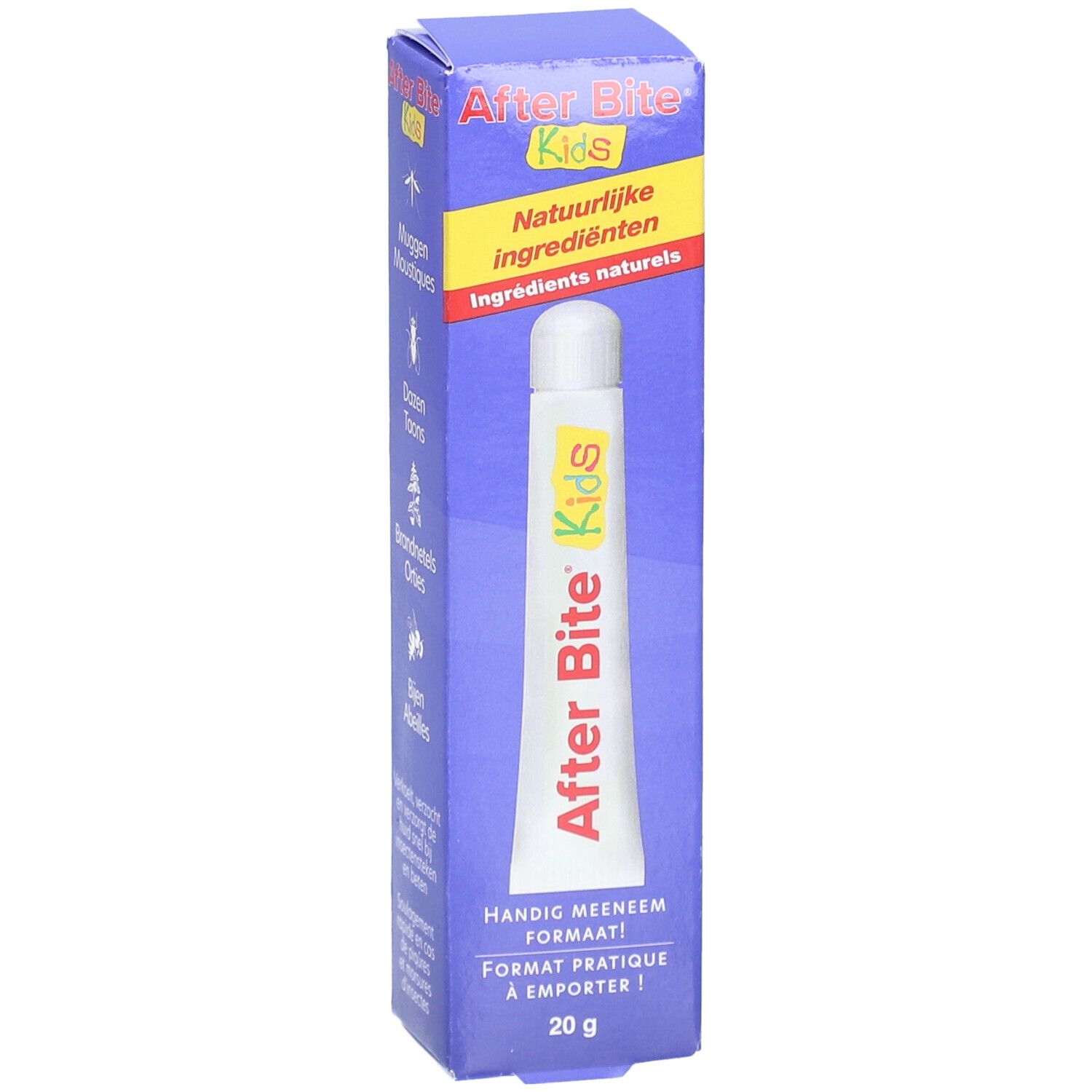 Tube et emballage After Bite Kids. Ingrédients naturels, format pratique, 20g.