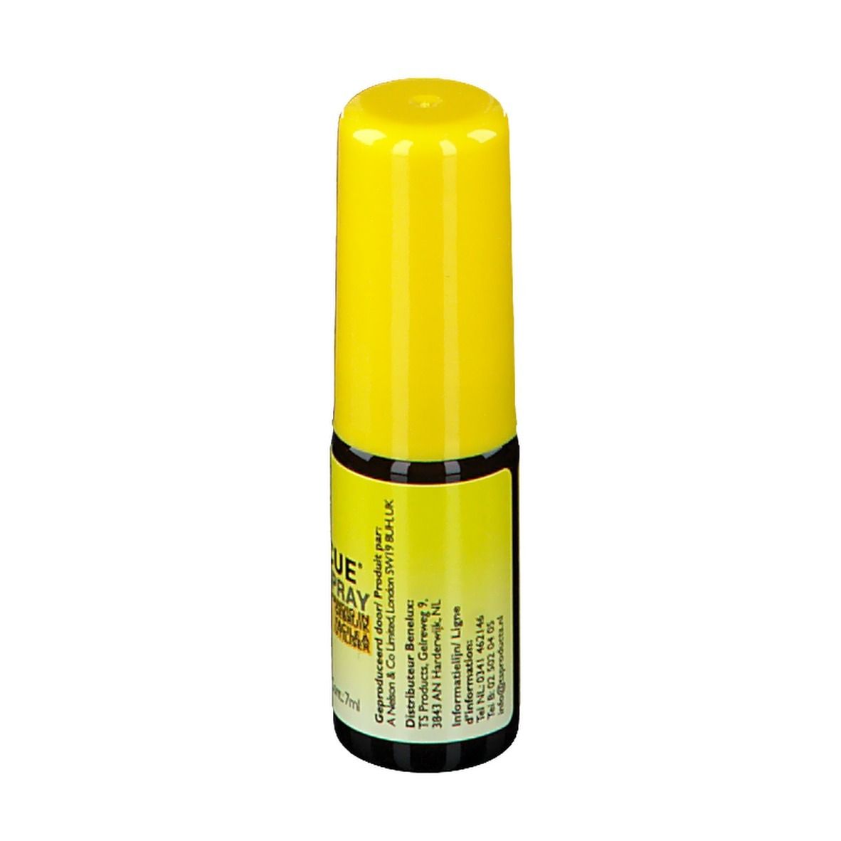 Gelbe Sprühflasche mit gelbem Deckel. Beschriftung: Bach Rescue Spray. Inhalt: 7ml.