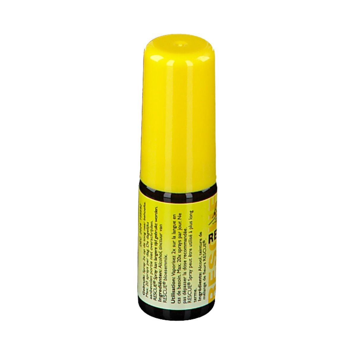 Gelbe Sprühflasche mit gelbem Deckel. Beschriftung: Bach Rescue Spray. Inhalt: 7ml.