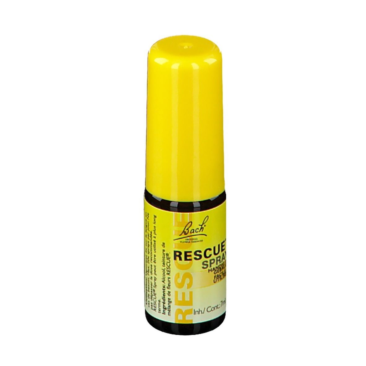 Gelbe Sprühflasche mit gelbem Deckel. Beschriftung: Bach Rescue Spray. Inhalt: 7ml.