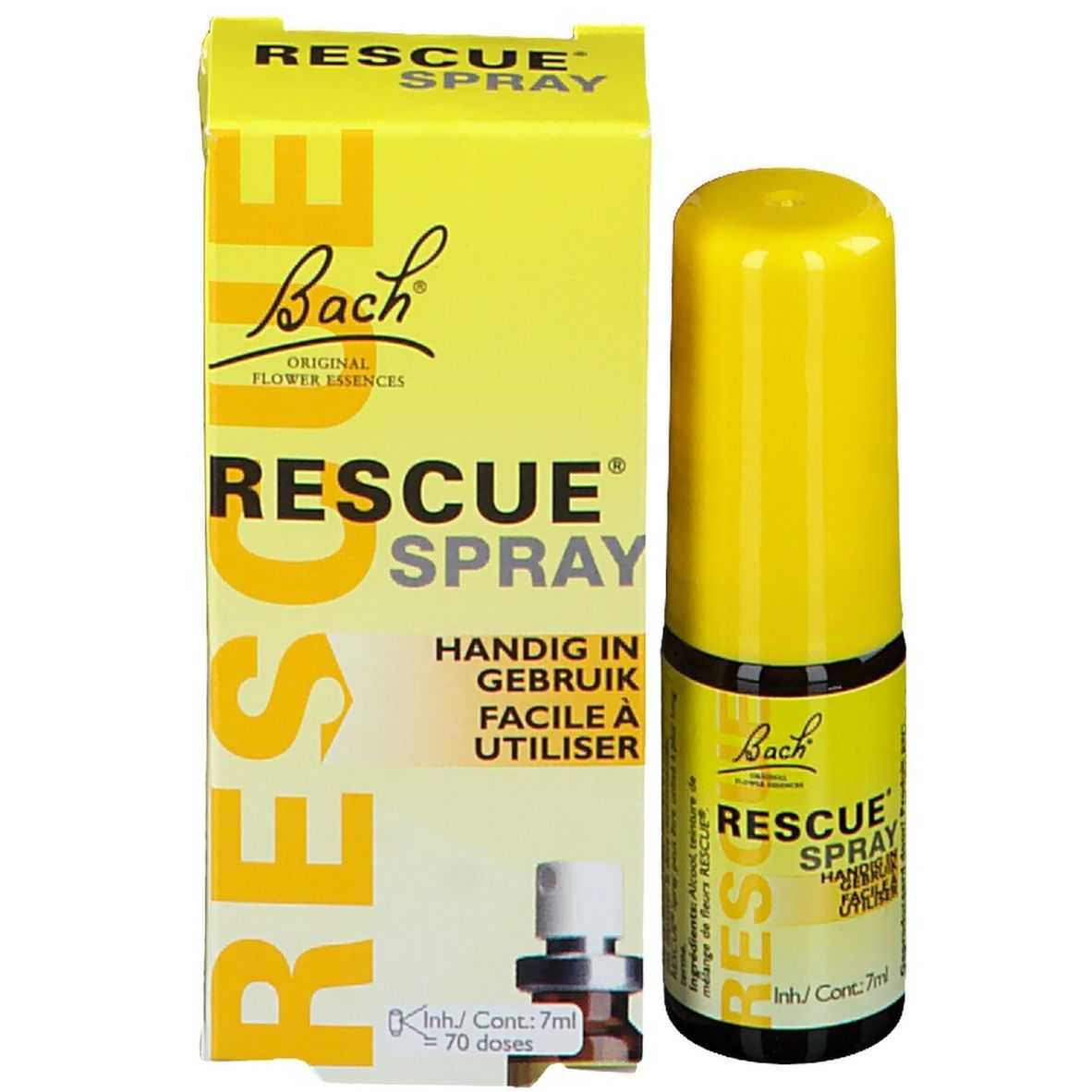 Gelbe Sprühflasche und Schachtel. Beschriftung: Bach Rescue Spray. Inhalt: 7ml. Mit Zerstäuber.