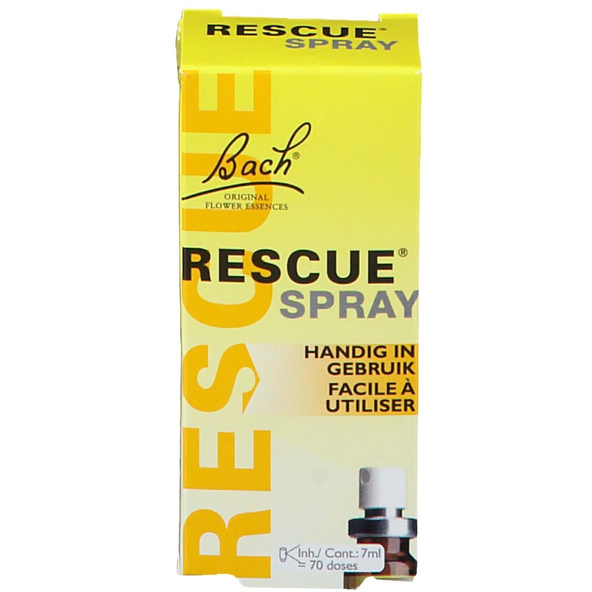 Gelbe Schachtel mit gelber Sprühflasche. Beschriftung: Bach Rescue Spray. Inhalt: 7ml. Mit Zerstäuber.