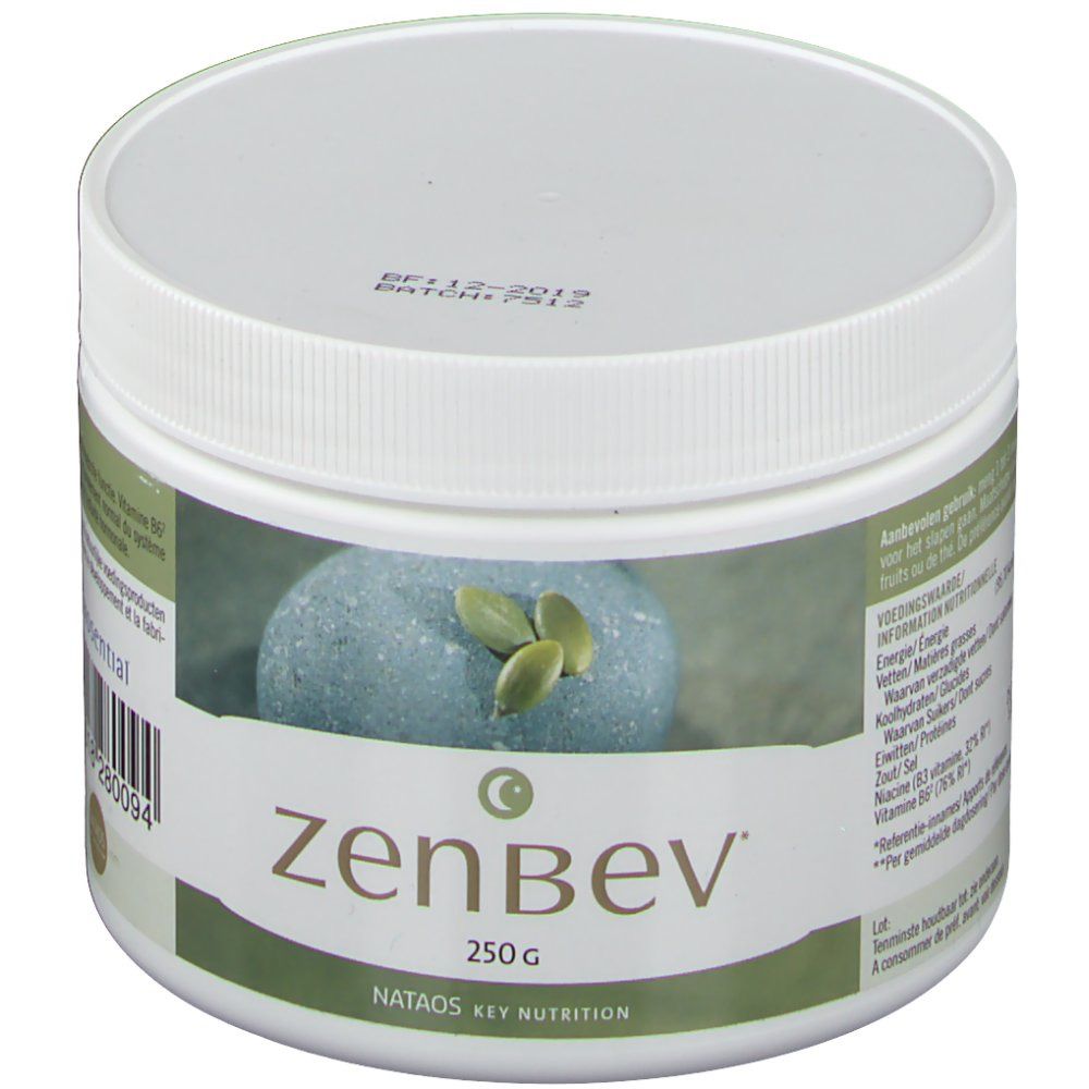 Weißes, rundes zenbev® Pulver-Behältnis mit Deckel. Aufschrift: zenbev, 250g, NATAOS KEY NUTRITION. Aufkleber mit Produktinformationen.