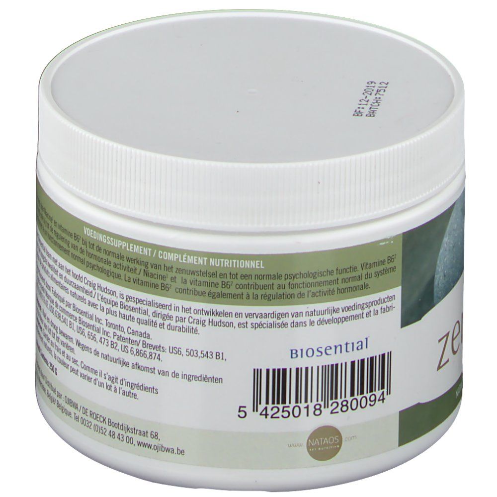 Weißes, rundes zenbev® Pulver-Behältnis. Aufkleber mit Herstellerinformationen und Barcode. Marke: Biosential.