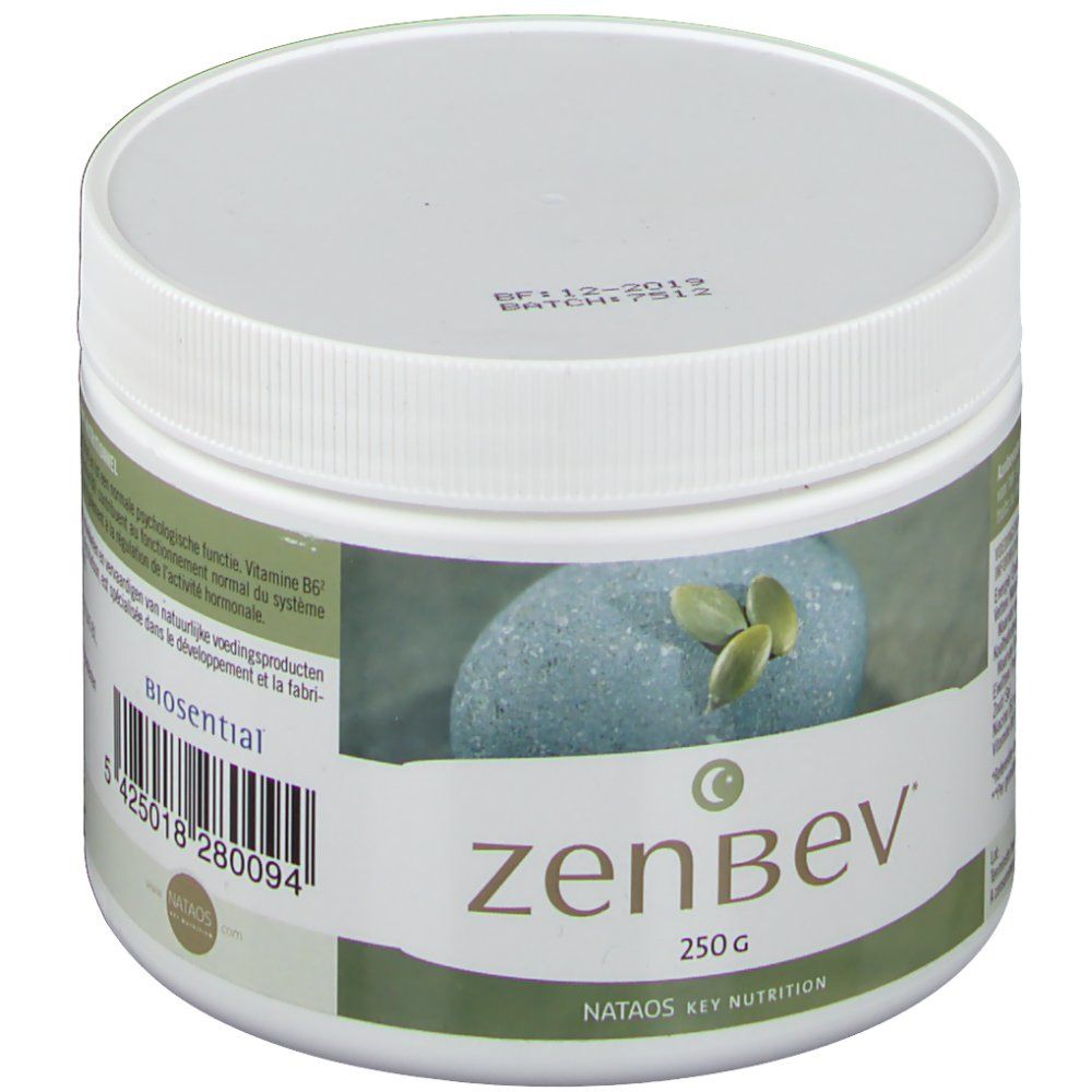 Weißes, rundes zenbev® Pulver-Behältnis mit Deckel. Aufschrift: zenbev, 250g, NATAOS KEY NUTRITION. Barcode und Biosential-Logo.