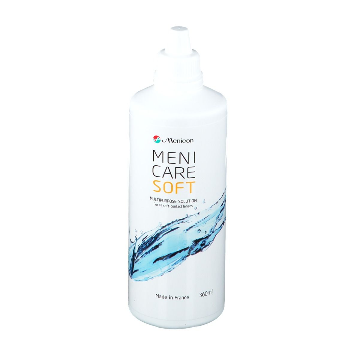 Flacon blanc Menicon Meni Care Soft. Inscription: Multi-Purpose Solution. Design eau. Fabriqué en France.