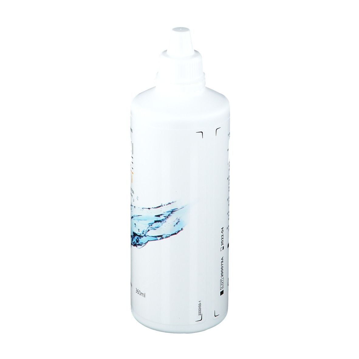Flacon blanc Menicon Meni Care Soft. Inscription: Multi-Purpose Solution. Design eau. Dos avec texte et codes.