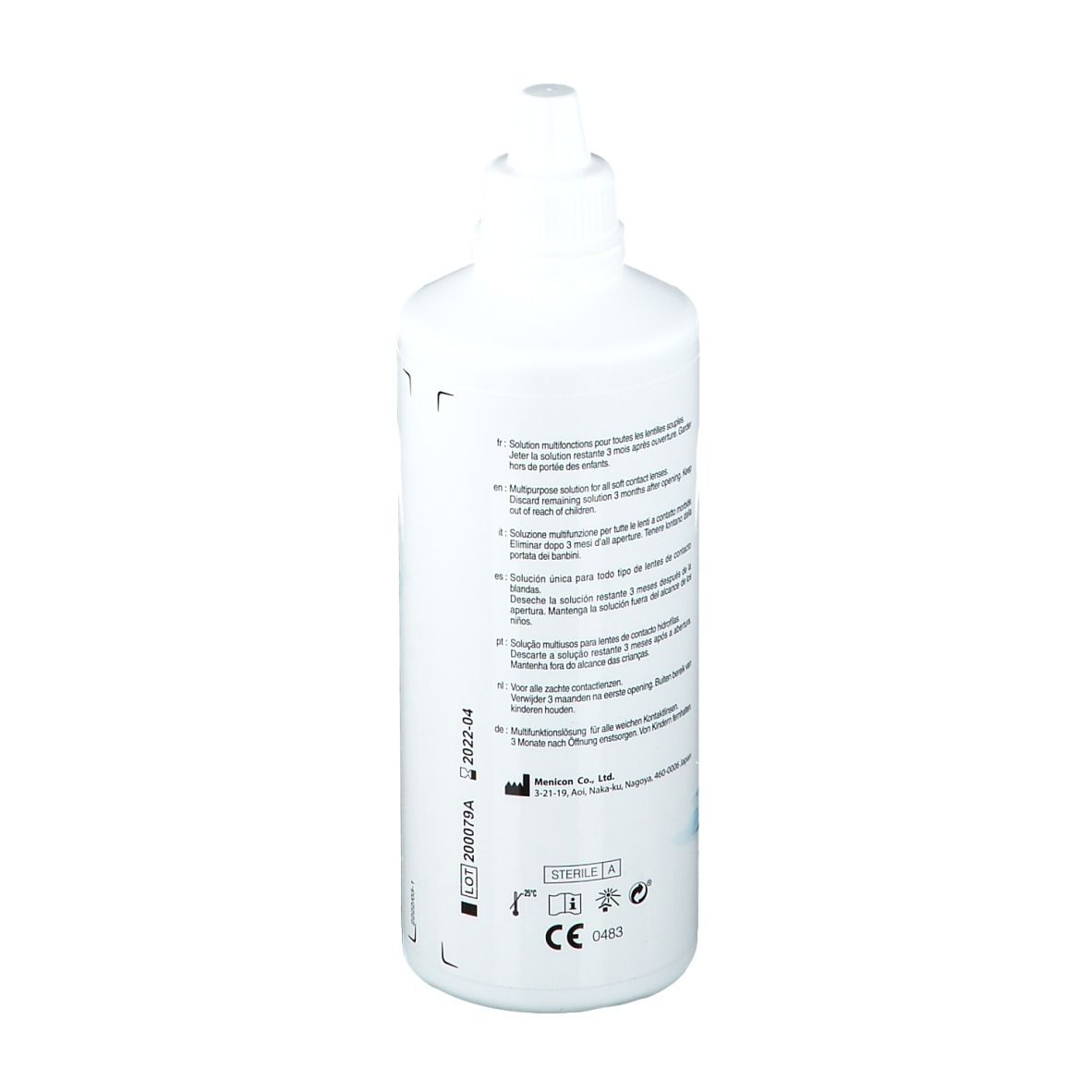 Dos d'un flacon blanc Menicon Meni Care Soft. Texte multilingue. Marquage stérile. Marque CE.