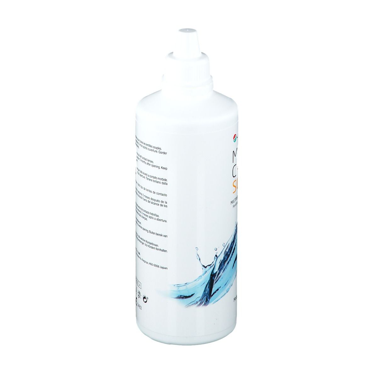 Flacon blanc Menicon Meni Care Soft. Inscription: Multi-Purpose Solution. Design eau. Texte multilingue.