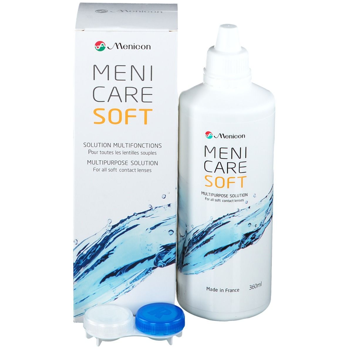 Flacon Menicon Meni Care Soft, boîte et étui. Boîte avec texte. Étui pour lentilles.